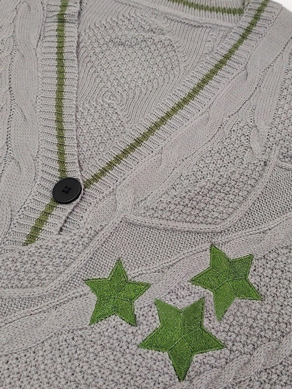 Oversize Star Embroidered Cable Knit Cardigan