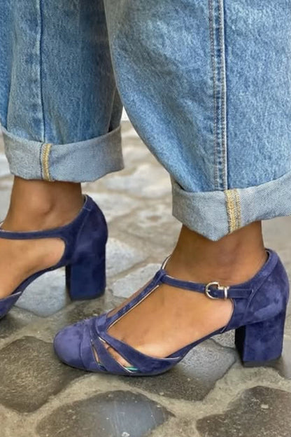 Color-blocked Faux Suede Chunky Heel Sandals