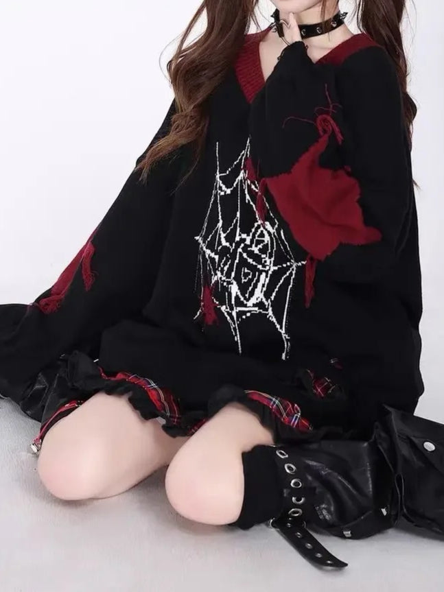 Y2K Harajuku Spider Web Jacquard Oversized Ripped V-neck Sweater