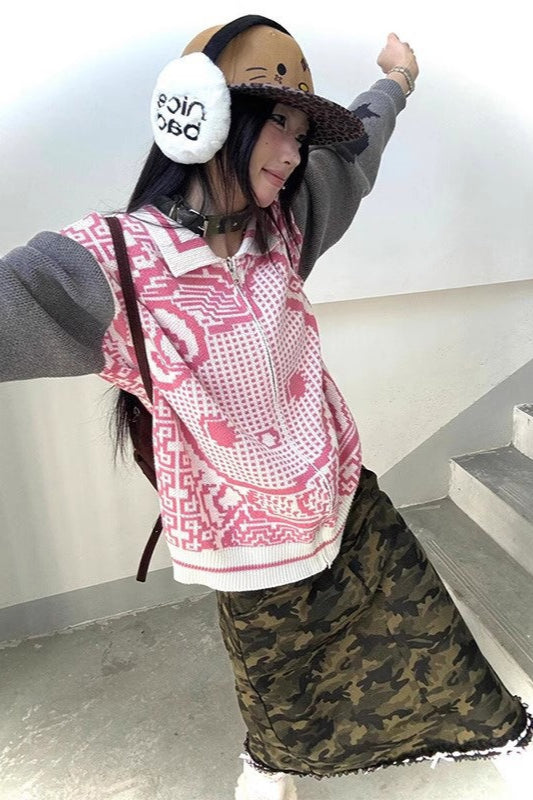 Y2K Kitty Color-Blocking Knit Sweater