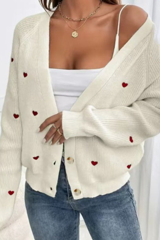Heart Embroidery V Neck Cardigan