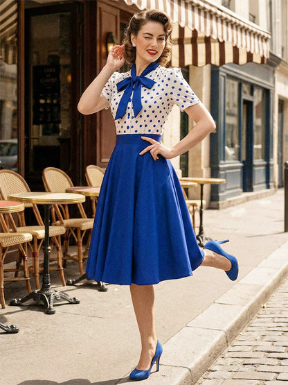 Polka Dot Patchwork Bow Tie Neck Short Sleeve Retro Swing Dress For Women 2026