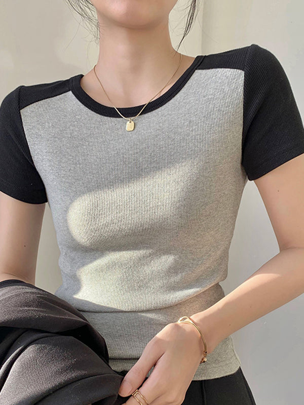 Contrast Color Stitching Crewneck Short Sleeve Knits