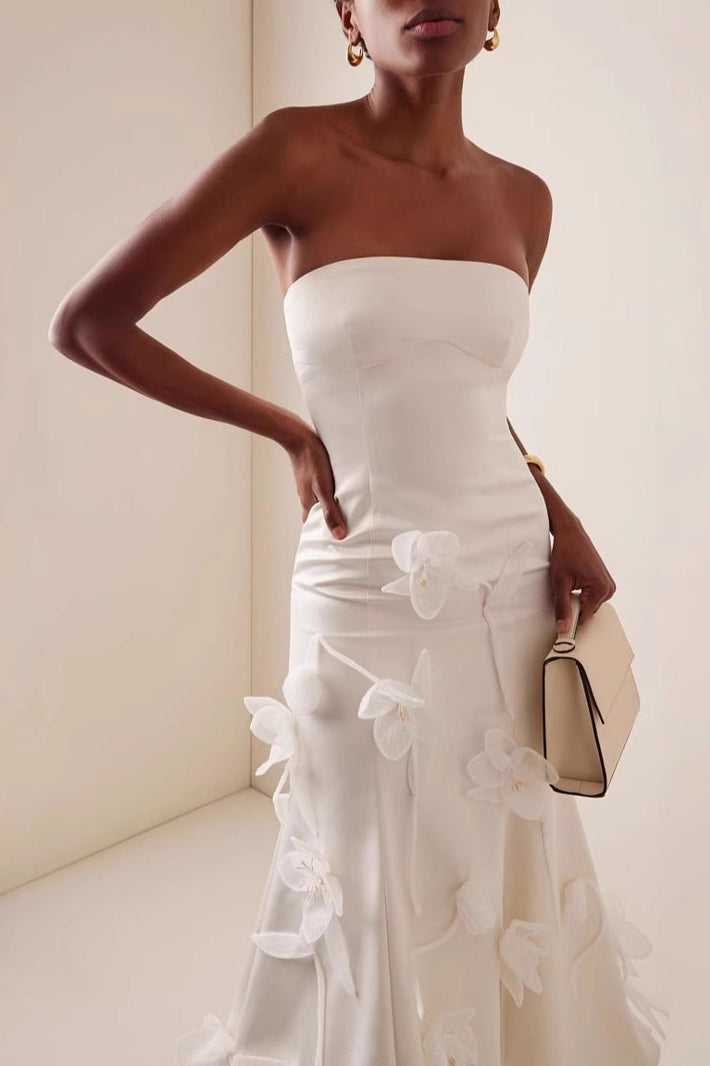 White Strapless 3D Floral  High Waist Prom Dress