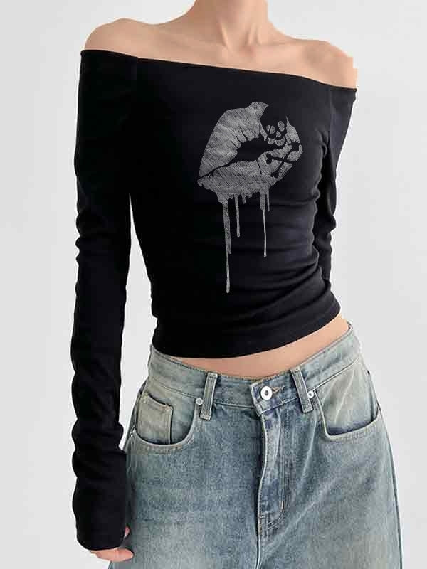 Off Shoulder Lip Skull Print Long Sleeve Tee
