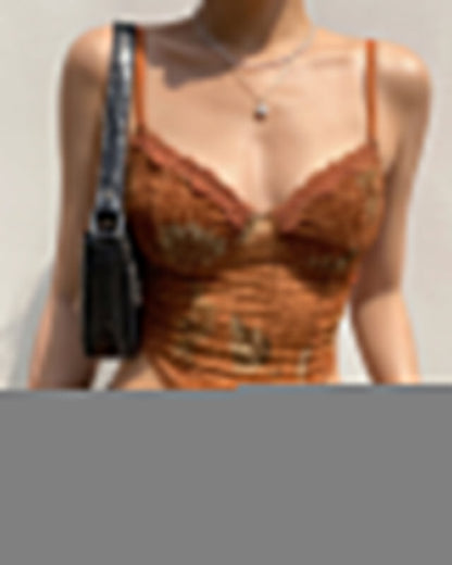 Retro Mesh Strappy Lace Print Halter Top