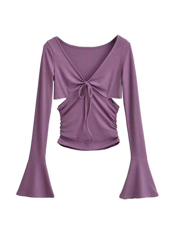 Solid V Neck Side Cutout Trumpet Sleeve Long Sleeve Knit