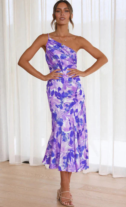 Aeris | Long asymmetrical dress with floral pattern