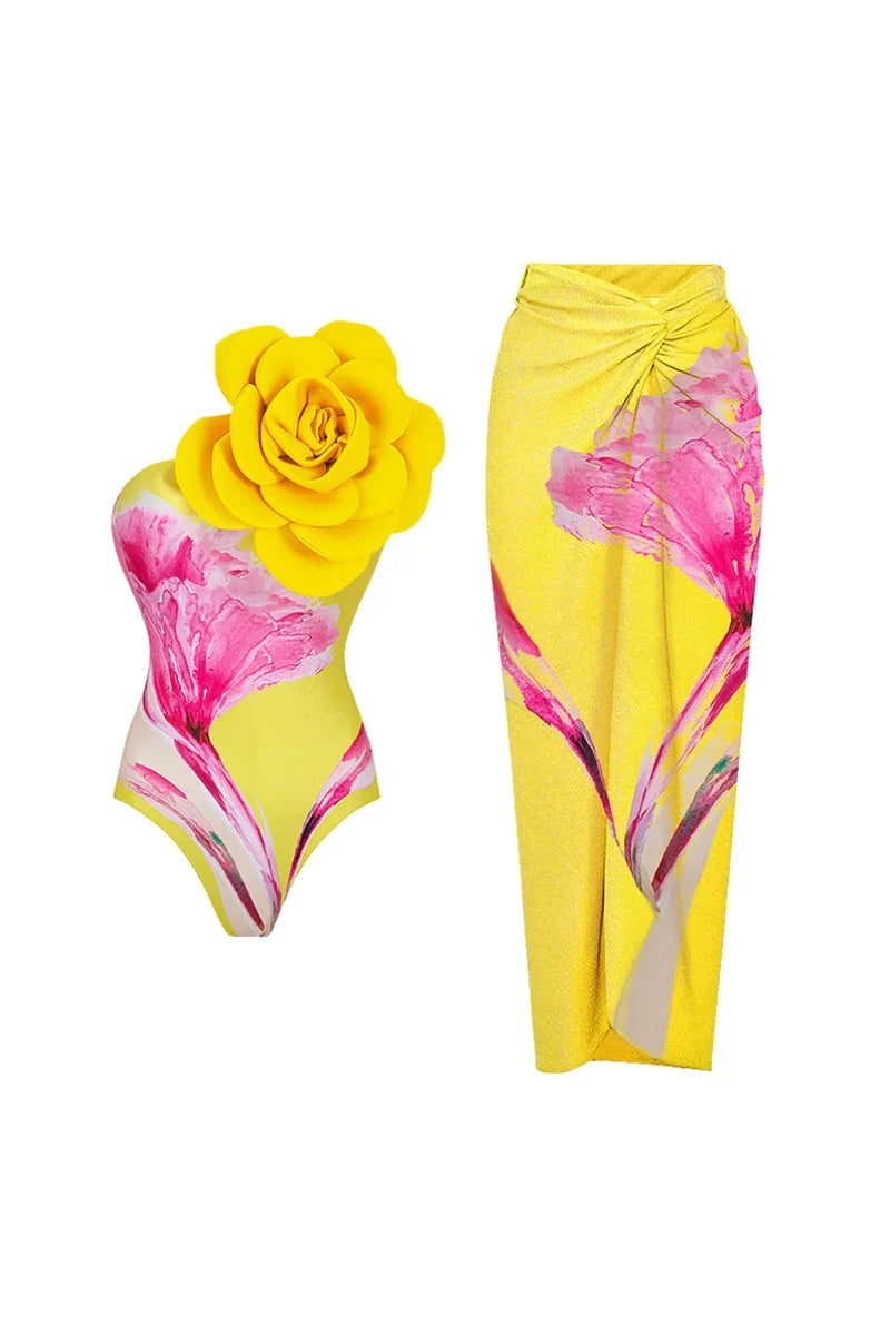 Traje de baño con estampado floral y detalle de flores en 3D