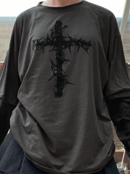 Thorn Print Fake Two Piece Oversized Long Sleeve Tee