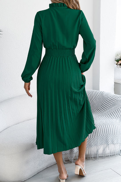 Solid Color Long-sleeved Fitted Waist Pleated Elegant Midi Dress