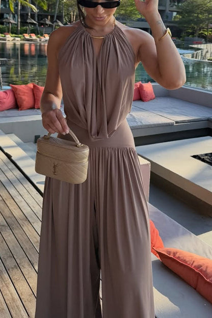 Lightweight Chic Metal Ring Drape Cowl Halter Neck Stretch Bodysuit