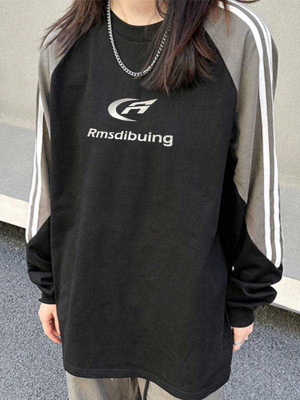 Vintage Print Piping Raglan Crew Neck Sweatshirt