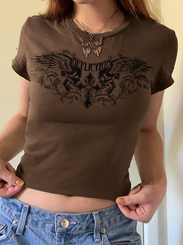 Dark Style Print Crew Neck Cropped Short Sleeve Tee