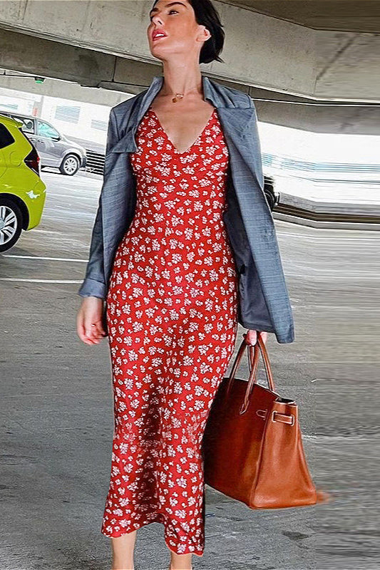 Plunging V Cami Sleeveless Floral Dress