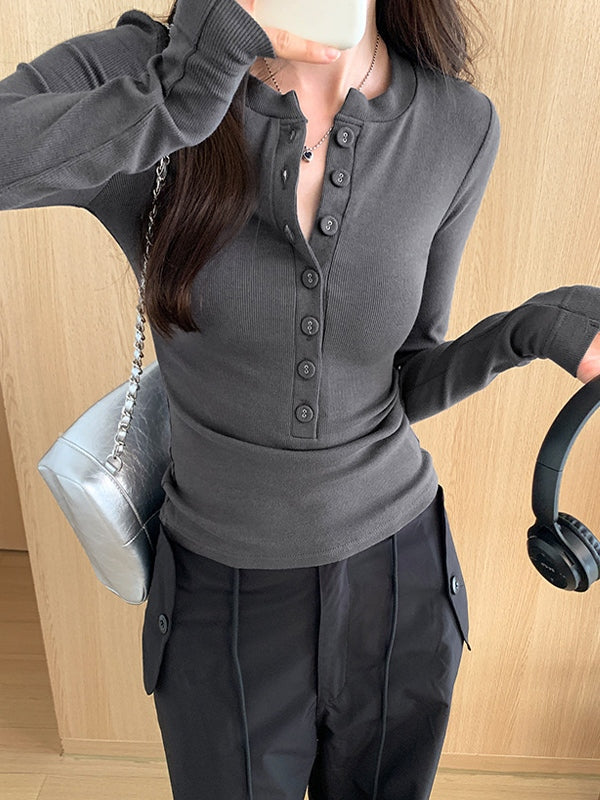 Solid Breasted Slim Long Sleeve Knit