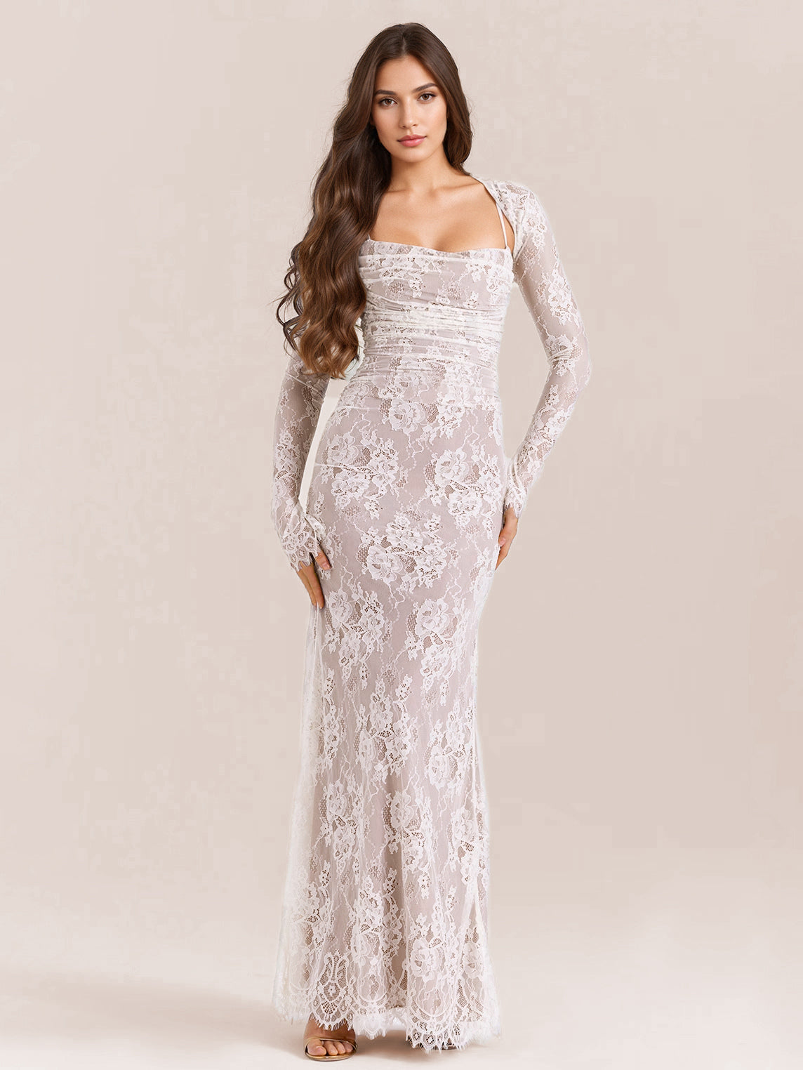 Trumpet Dress Lace-up Cutout Floral Embroidery Long Sleeves Prom Dresses