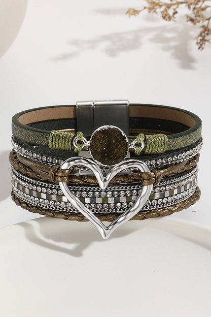 Bohemian Leather Cord Multi-layered Raw Stone Heart Bracelet