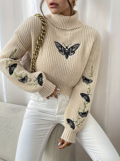 Jersey de punto de cuello alto con estampado de mariposas para mujer | Ideal para otoño/invierno