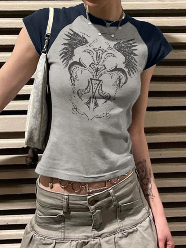 Vintage Wing Print Raglan Short Sleeve Tee