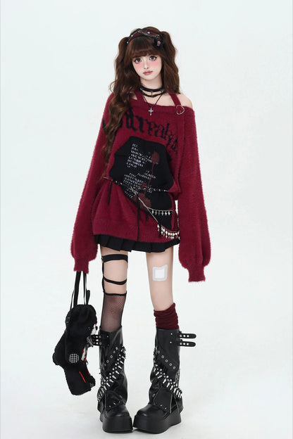 Y2K Japanese Sweet Cool Off-Shoulder Soft Loose Knit Sweater