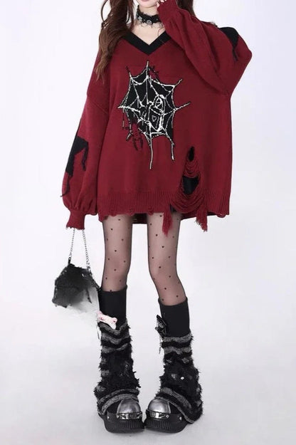 Y2K Harajuku Spider Web Jacquard Oversized Ripped V-neck Sweater