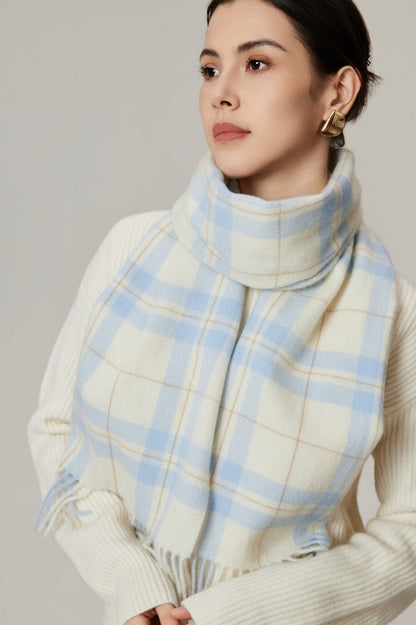 100% Wool Plaid Fringed Minimalist Scarf