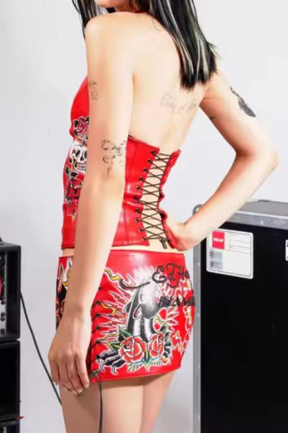 Leather Halter Lace-Up Bodycon Skirt and Tank Top
