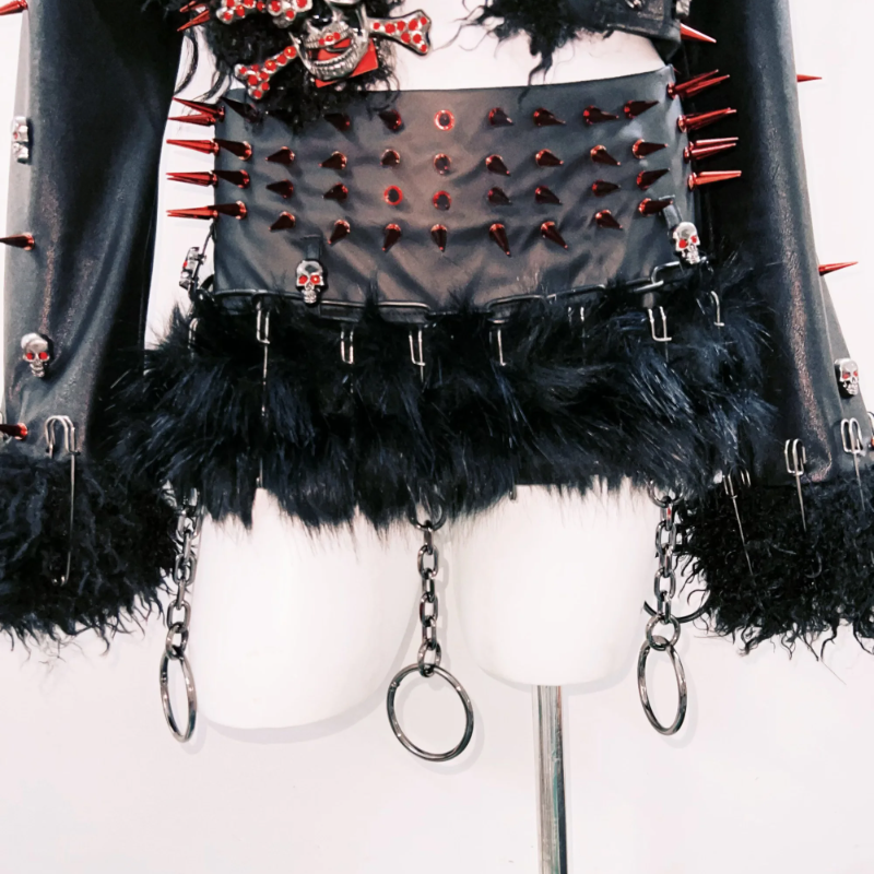 PU leather long sleeve rivet applique fluffy top  | Festival Outfits Women