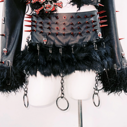 PU leather long sleeve rivet applique fluffy top  | Festival Outfits Women