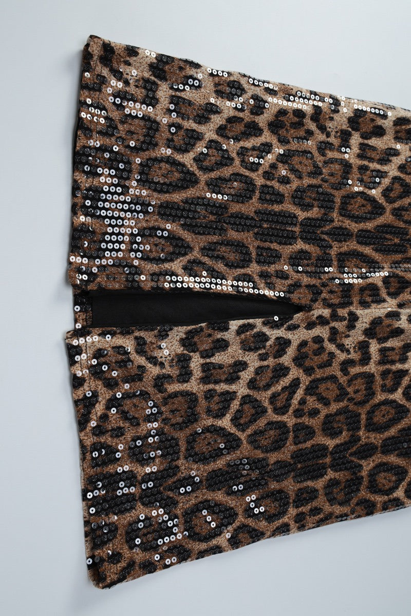 Leopard Print Lace Up Corset Sequin Midi Skirt Set