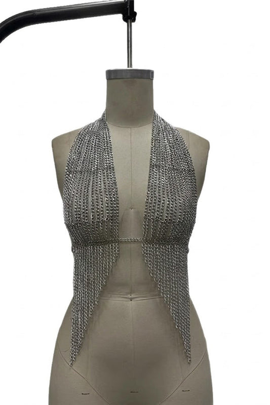 Silver Chainmail Tassel Halter Top Body Chain
