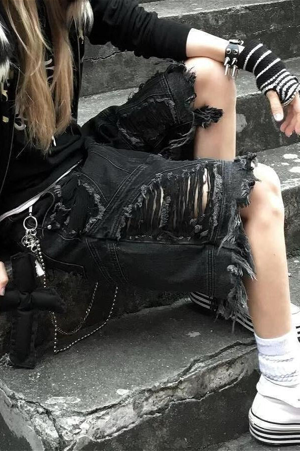 Punk Deconstructed Ripped Cropped Denim Shorts