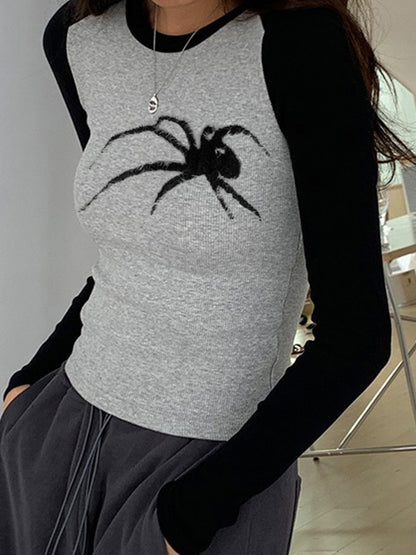 Spider Print Raglan Slim Long Sleeve Knit