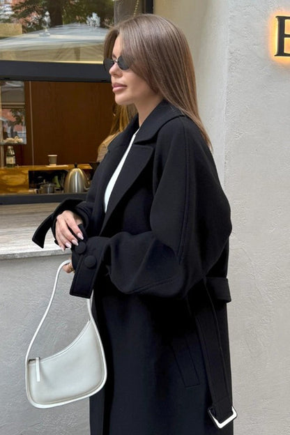 Longline Wool Blend Tie Waist Loose Elegant Overcoat