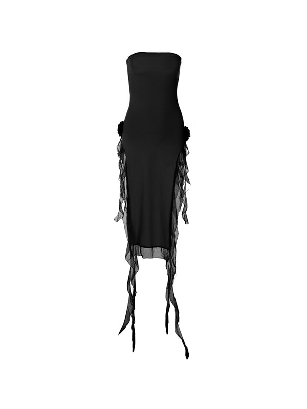 Strapless Floral Fringe Slit Dress