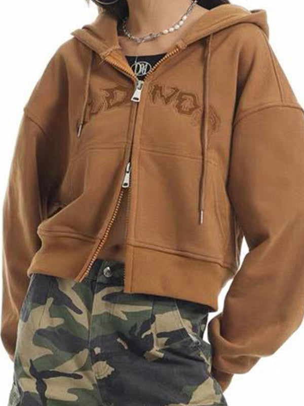 Letter Embroidery Double Zipper Short Oversized Hoodie