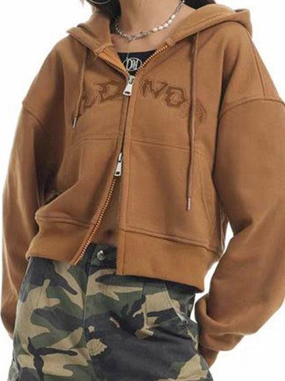 Letter Embroidery Double Zipper Short Oversized Hoodie
