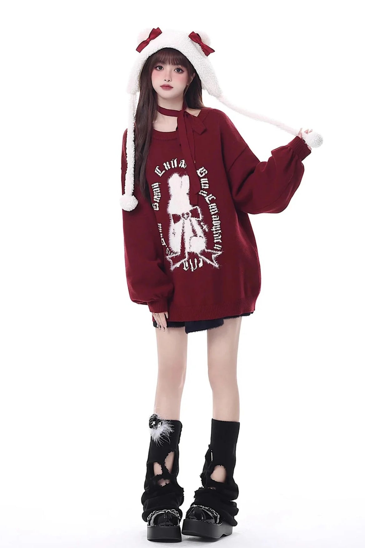 Christmas Bunny Lantern Sleeve Oversized Knit Sweater