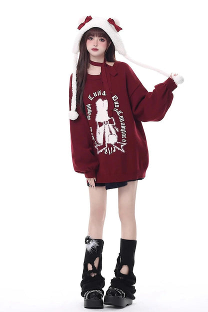 Christmas Bunny Lantern Sleeve Oversized Knit Sweater
