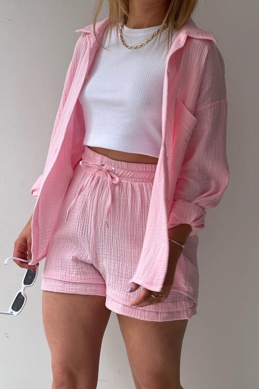 Textured Lapel Long Sleeve Top High Waist Shorts Set