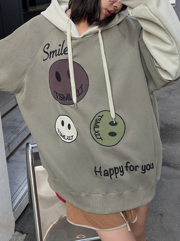 Smiling Print Splice Drawstring Oversized Hoodie