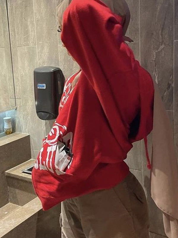 Red Vintage Print Zip Up Oversized Hoodie