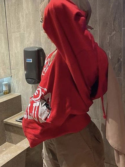 Red Vintage Print Zip Up Oversized Hoodie