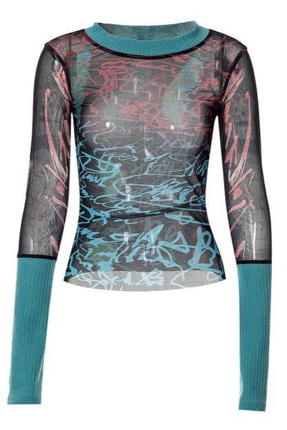 Futuristic Long Sleeve Crew Neck Print Mesh Top