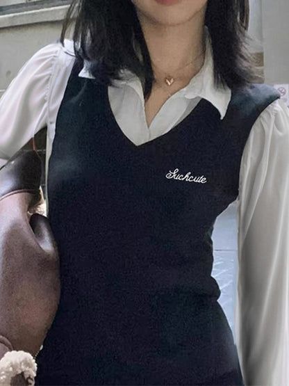 Contrast Color 90s Fake Two Piece Slim Fit Long Sleeves Shirts