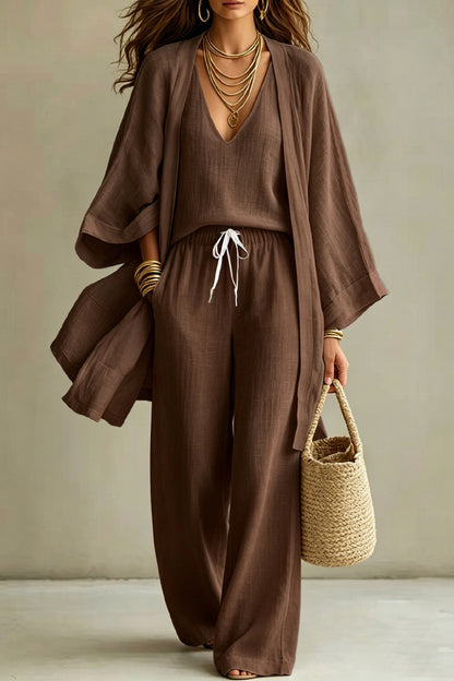Linen Blend Solid Color Loose Cardigan V-neck Sleeveless Vest and Elastic Waist Pocket Straight Leg Pants Three-piece Set