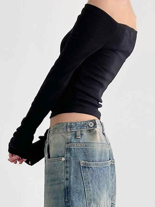 Spider Print Off Shoulder Slim Long Sleeve Tee