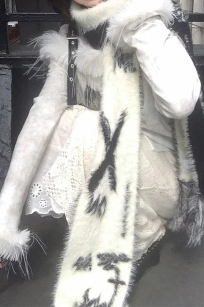 Y2K Black White Japanese Cute Cartoon Long Luxury Warm Autumn Winter Scarf