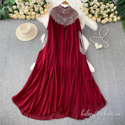 Glitter button crewneck beaded maxi dress